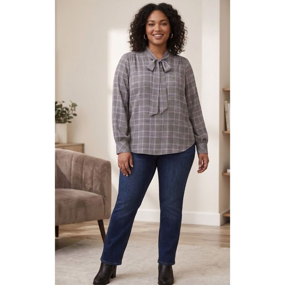 New Torrid Glen Plaid Studio Bubble Satin Bow Tie Blouse Women's Plus Size 2X